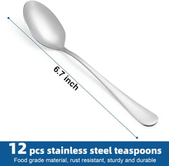 12 Stainless Steel Teaspoons: Mirror Polish, Dishwasher Safe 6.7" for Home & Restaurant