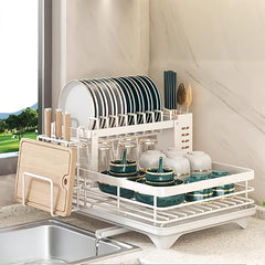 Double Tier Metal Utensil Holder: Large Capacity, Space Saving Rust-Resistant Carbon Steel with Drain Board & Cup Rack for Kitchen Countertops