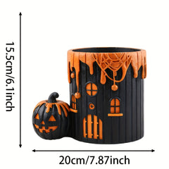 Classic resin pumpkin house planter, round desktop with drainage hole, painted finish for home/balcony/indoor/outdoor decor.