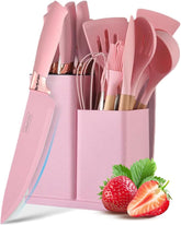 19-Piece Kitchen Knife Set—Stainless Steel & Silicone (Pink, Non-stick, Sharp, Family Gift)