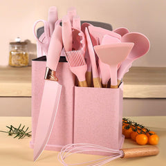 19-Piece Kitchen Knife Set—Stainless Steel & Silicone (Pink, Non-stick, Sharp, Family Gift)