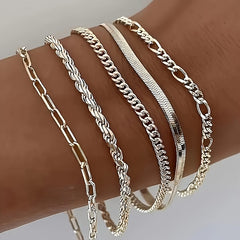5-Piece Sterling Silver Cuban Chain Set - Boho Layering Jewelry, Perfect Gift for Women