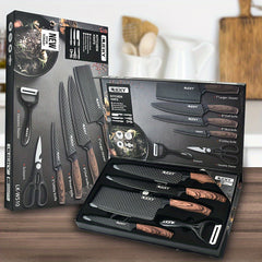 -Piece Kitchen Knife Set: Chef, Slicing, Utility, Scissors - High-Carbon Stainless Steel, Razor Sharp, Non-Stick, Ergonomic Wood Handles, Gift Box Set