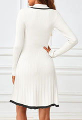 MEROKEETY Women's Long Sleeve V Neck Sweater Dress 2024 Fall Button Ribbed Knit Pleated Mini Dresses