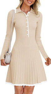 MEROKEETY Women's Long Sleeve V Neck Sweater Dress 2024 Fall Button Ribbed Knit Pleated Mini Dresses