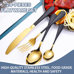 24-Pc Stainless Steel Flatware Set w/ Holder (Spoon/Fork/Knife) for 6, Gold Mirror+Matte Pink Finish