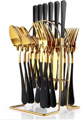 24-Pc Stainless Steel Flatware Set w/ Holder (Spoon/Fork/Knife) for 6, Gold Mirror+Matte Pink Finish