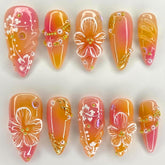 24Pcs Almond-Shaped Press-On Nails, 3D Pearl Charms, Orange Red - Spring/Summer Artificial DIY Manicure
