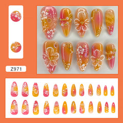 24Pcs Almond-Shaped Press-On Nails, 3D Pearl Charms, Orange Red - Spring/Summer Artificial DIY Manicure