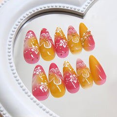 24Pcs Almond-Shaped Press-On Nails, 3D Pearl Charms, Orange Red - Spring/Summer Artificial DIY Manicure
