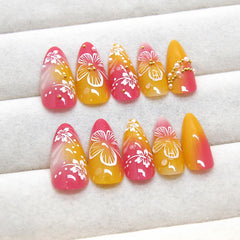 24Pcs Almond-Shaped Press-On Nails, 3D Pearl Charms, Orange Red - Spring/Summer Artificial DIY Manicure