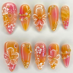24Pcs Almond-Shaped Press-On Nails, 3D Pearl Charms, Orange Red - Spring/Summer Artificial DIY Manicure