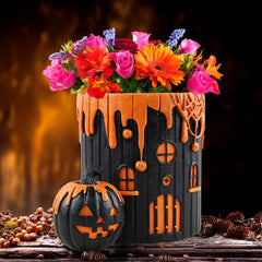 Classic resin pumpkin house planter, round desktop with drainage hole, painted finish for home/balcony/indoor/outdoor decor.
