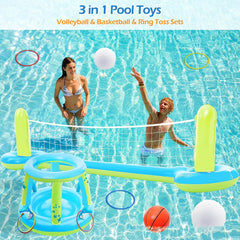 3-in-1 Pool Games Set: Volleyball Net, Basketball Hoop, Ring Toss, Inflatable Floats, Party Accessory for Kids & Adults