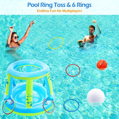 3-in-1 Pool Games Set: Volleyball Net, Basketball Hoop, Ring Toss, Inflatable Floats, Party Accessory for Kids & Adults