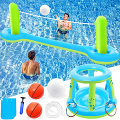 3-in-1 Pool Games Set: Volleyball Net, Basketball Hoop, Ring Toss, Inflatable Floats, Party Accessory for Kids & Adults