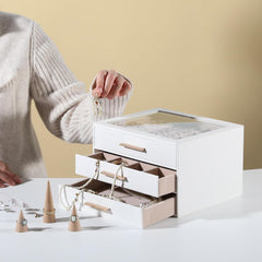 3-layer Jewelry Box Clear Lid Jewelry Organizer with Drawer PU Leather for Women for Rings Earrings Stud