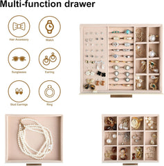3-layer Jewelry Box Clear Lid Jewelry Organizer with Drawer PU Leather for Women for Rings Earrings Stud
