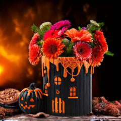 Classic resin pumpkin house planter, round desktop with drainage hole, painted finish for home/balcony/indoor/outdoor decor.