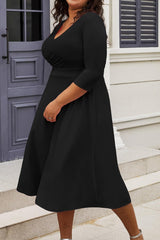 CLOCOR Women's Plus Size Midi Dress 3/4 Sleeve A-Line Swing Dress V Neck Flowy Casual Dresses
