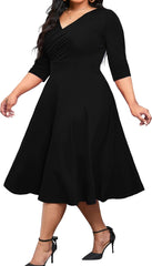 CLOCOR Women's Plus Size Midi Dress 3/4 Sleeve A-Line Swing Dress V Neck Flowy Casual Dresses