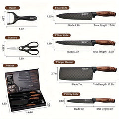 -Piece Kitchen Knife Set: Chef, Slicing, Utility, Scissors - High-Carbon Stainless Steel, Razor Sharp, Non-Stick, Ergonomic Wood Handles, Gift Box Set