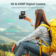 4K 64MP Vlogging Camera, 3" 180° Flip Screen, 18X Zoom, Point & Shoot, 32GB SD Card - Beginner-Friendly
