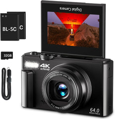 4K 64MP Vlogging Camera, 3" 180° Flip Screen, 18X Zoom, Point & Shoot, 32GB SD Card - Beginner-Friendly