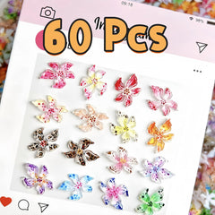 60PCS 3D Hawaii Floral Nail Charms—Colorful Rhinestones & Diamonds, Women’s Summer Nail Jewelry