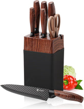 7-Piece Black Knife Block Set with Stainless Chef Knives, Non-stick Coating & Wood Grain Handles