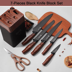 7-Piece Black Knife Block Set with Stainless Chef Knives, Non-stick Coating & Wood Grain Handles