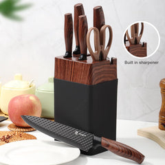 7-Piece Black Knife Block Set with Stainless Chef Knives, Non-stick Coating & Wood Grain Handles
