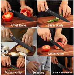 7-Piece Black Knife Block Set with Stainless Chef Knives, Non-stick Coating & Wood Grain Handles