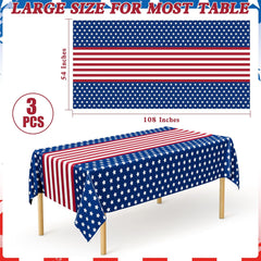 3 Pack Patriotic Tablecloths, 54x108 Inch, Red White Blue Plastic, 4th of July Decor