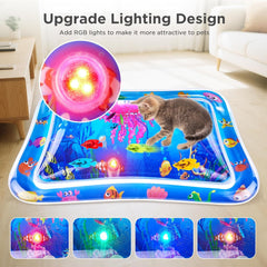 LED Cat Water Mat, Anti-Scratch Leak Proof with Floating Fish Toys, Interactive Cat Toys for Exercise & Hunting