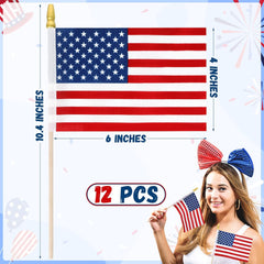 12 Pcs 6x4 Inch Mini American Flags on Stick - Hand Held 4th of July Decorations