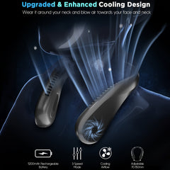 Portable Neck Fan - 5200mAh USB Rechargeable, 3 Speeds Bladeless, 4-16H for Outdoor, Travel, Work, Lightweight