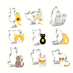 9 pieces of 3D cat biscuit molds, stainless steel biscuit molds, dessert molds, cake and chocolate molds