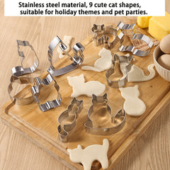 9 pieces of 3D cat biscuit molds, stainless steel biscuit molds, dessert molds, cake and chocolate molds