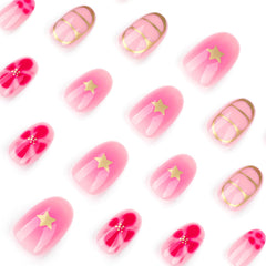 Almond-Shaped Press-On Nails, Floral Star Design, Glossy Acrylic - Spring/Summer Reusable Artificial Nails for Women