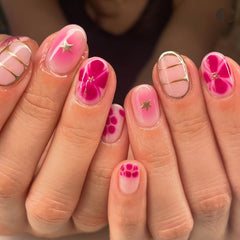 Almond-Shaped Press-On Nails, Floral Star Design, Glossy Acrylic - Spring/Summer Reusable Artificial Nails for Women