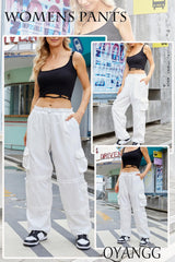 QYANGG Baggy Parachute Pants for Women& Girls Drawstring Elastic Low Waist Ruched Cargo Pants Multiple Pockets Jogger Y2K