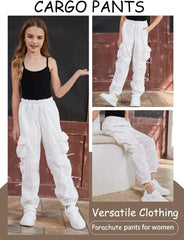 QYANGG Baggy Parachute Pants for Women& Girls Drawstring Elastic Low Waist Ruched Cargo Pants Multiple Pockets Jogger Y2K
