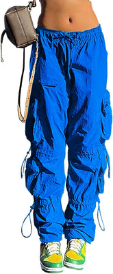 QYANGG Baggy Parachute Pants for Women& Girls Drawstring Elastic Low Waist Ruched Cargo Pants Multiple Pockets Jogger Y2K