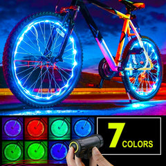 Bicycle wheel lights with 7 colors and 1 LED string suitable for any spoke wheel rim tire