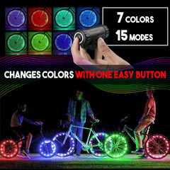 Bicycle wheel lights with 7 colors and 1 LED string suitable for any spoke wheel rim tire