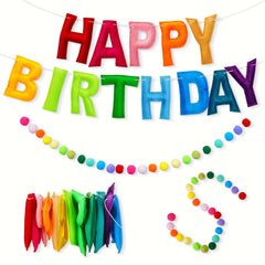 Colorful Happy Birthday Banner set with 24 Felt Balls and Rainbow Cloth Flower Garlands