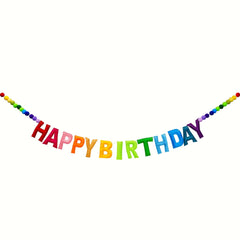 Colorful Happy Birthday Banner set with 24 Felt Balls and Rainbow Cloth Flower Garlands