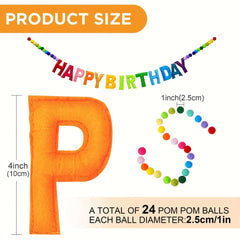 Colorful Happy Birthday Banner set with 24 Felt Balls and Rainbow Cloth Flower Garlands