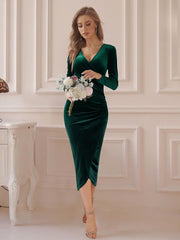 DIRASS Women's Elegant Velvet Long Sleeve Wrap V Neck Ruched Bodycon Cocktail Party Maxi Dress